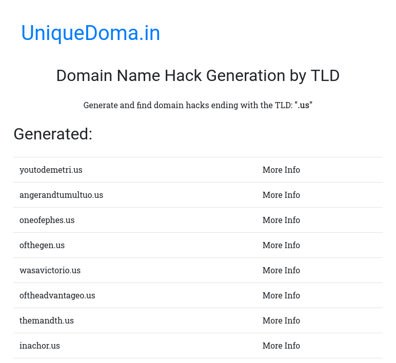 A screenshot of a page displaying domains generated using the .us domain name