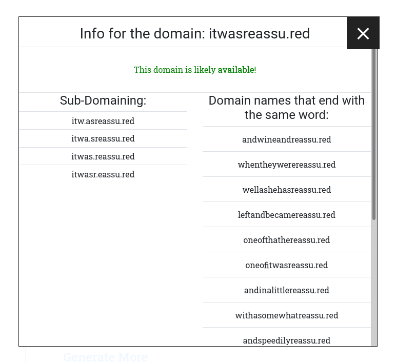 A screenshot of a modal box displaying domains similar to a domain being examined for availability